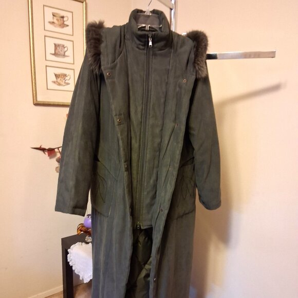 Preowned Utex Design Olive Green Warm Long Coat with Hood Windproof Outerwear - Picture 11 of 16